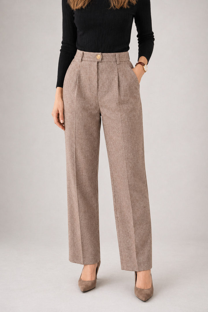 Pantalones de mujer de lana gris con pliegues y tiro alto. Ideales para otoño/invierno, estilo elegante y cómodo.
