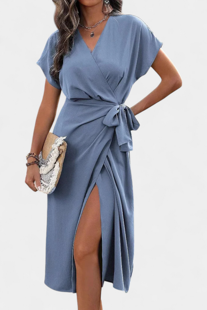 Vestido de fiesta cruzado midi para mujer, escote V, abertura lateral elegante, ideal para eventos de verano.