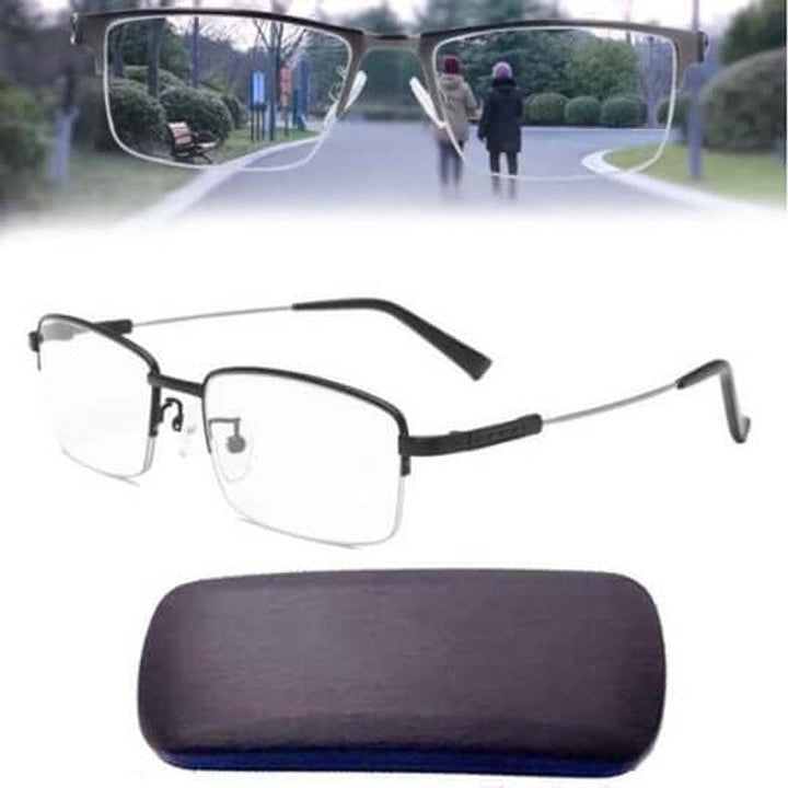 Primer plano de gafas multifocales unisex, con lentes para bloquear luz azul y protección UV. Confort todo el día.