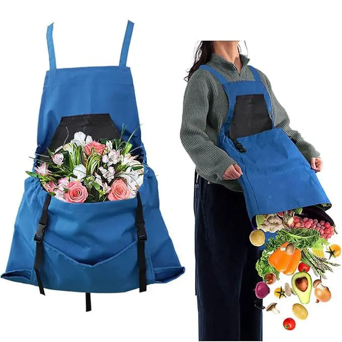 Delantal de trabajo versátil unisex para jardín o taller. Tirantes cruzados y bolsillos espaciosos para herramientas.