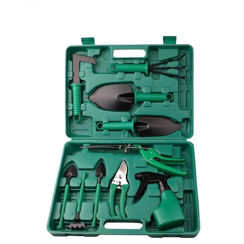 Kit de jardinería incluye paleta, cultivador y podadora. Herramientas ergonómicas para plantación y cuidado exterior.