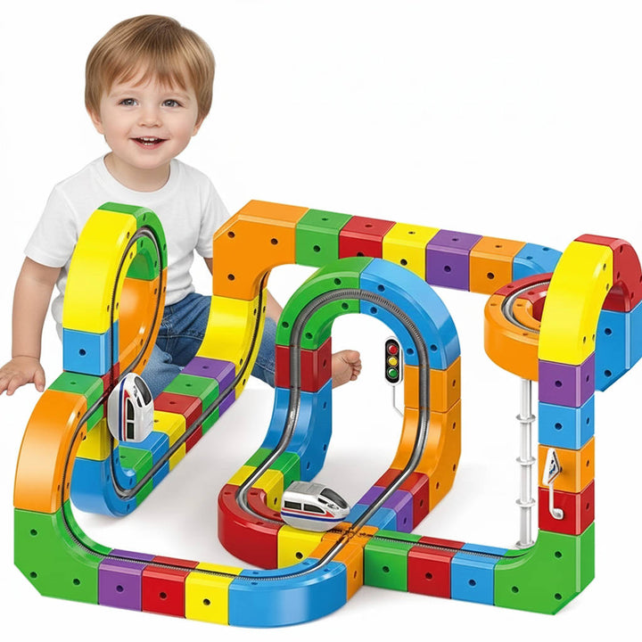 Pistas de tren magnético para construcción creativa, ideal para niños y desarrollo STEM.