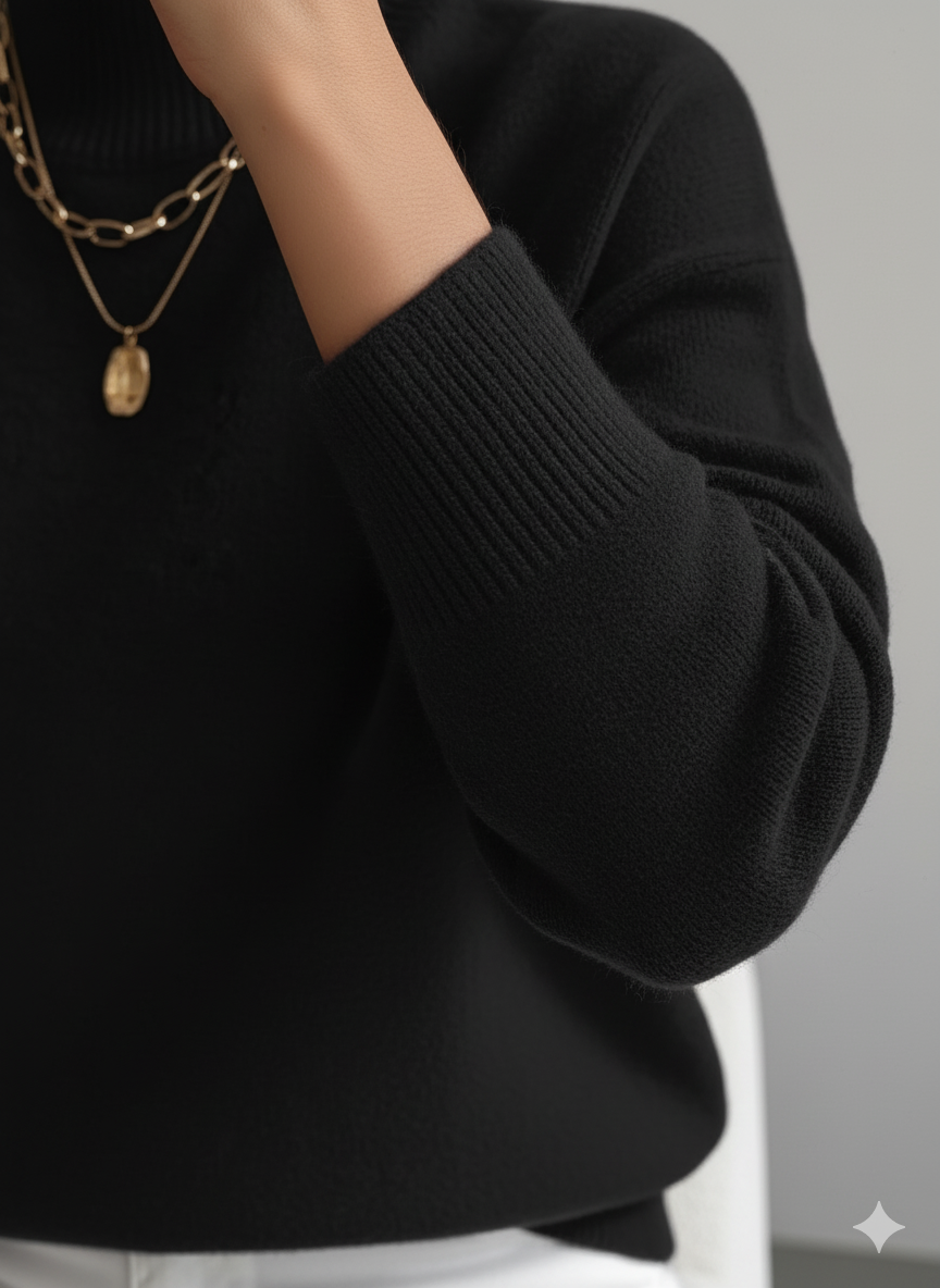 Mujer vistiendo jersey de cuello alto suave, un look elegante y casual para cualquier ocasión.