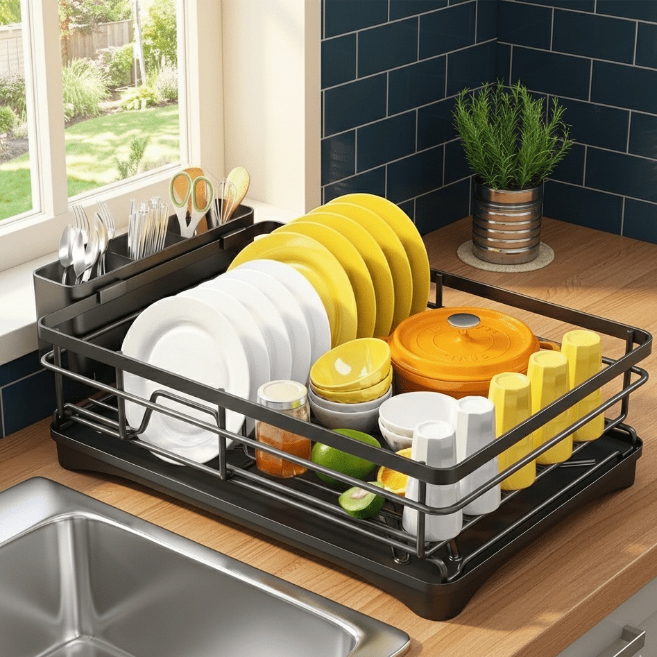 Gran escurridor de platos para cocina con bandeja recogeaguas, ideal para secado de vajilla y utensilios.