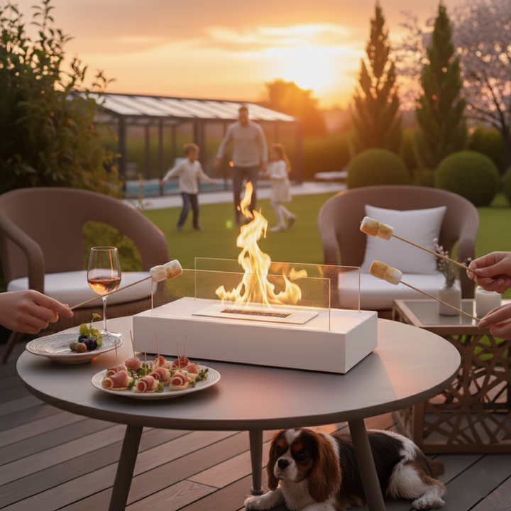 Diseño de chimenea de mesa bioetanol rectangular, elemento decorativo clave para ambientes modernos.