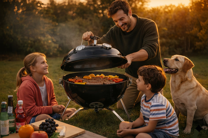 Barbacoa redonda de carbón con ventilación, ideal para balcones pequeños.