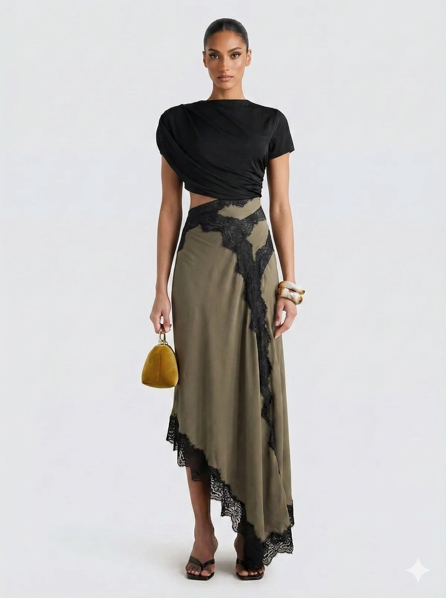 Conjunto elegante mujer: top asimétrico negro y falda maxi caqui con encaje. Atuendo fiesta primavera.