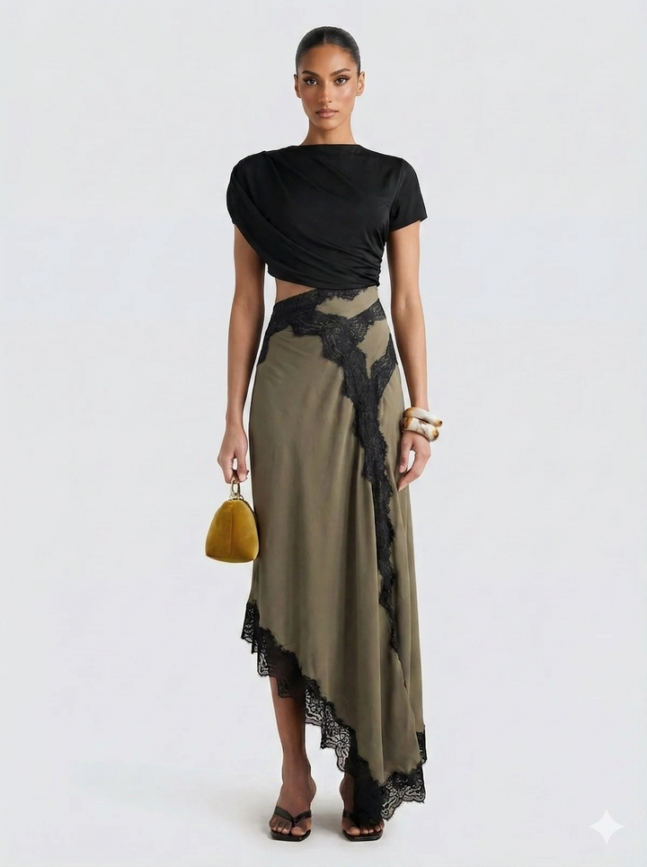 Conjunto elegante mujer: top asimétrico negro y falda maxi caqui con encaje. Atuendo fiesta primavera.