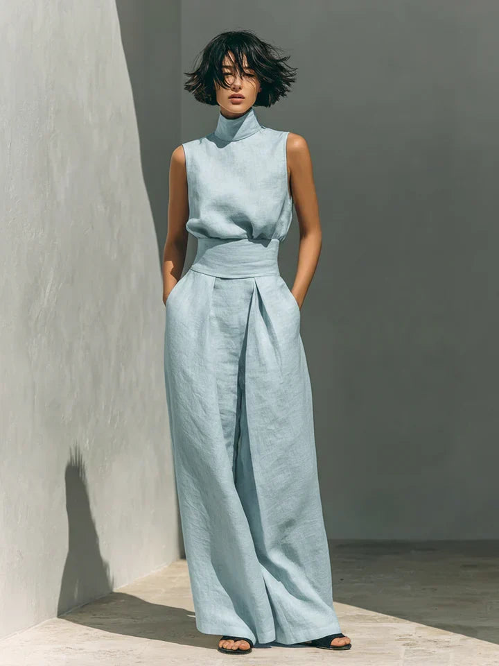 Conjunto fresco de algodón lino para mujer, ideal primavera-verano, con blusa y pantalón ancho casual.