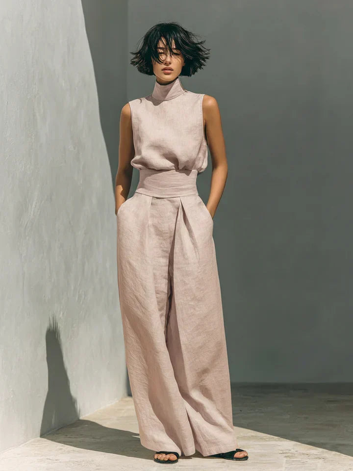 Blusa sin mangas y pantalón ancho de algodón lino para mujer. Conjunto casual de verano-primavera.