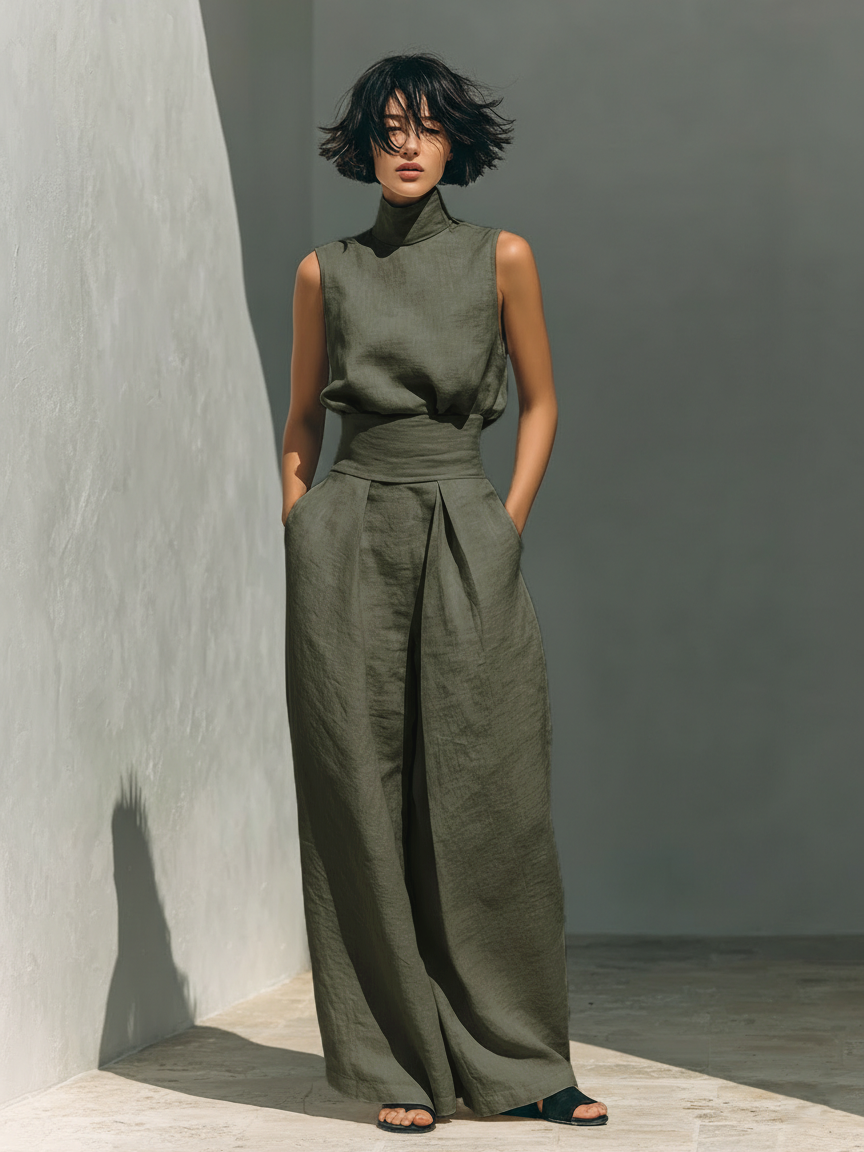Elegante conjunto de dos piezas verde militar para mujer, ropa de verano cómoda y de moda.
