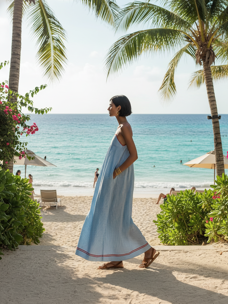 Mujer luciendo vestido maxi de rayas, estampado vibrante. Estilo casual y bohemio, ideal para el verano.