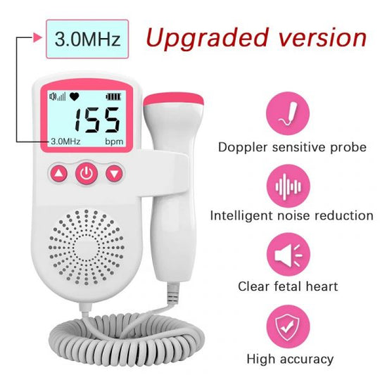 Futura mamá usando monitor Doppler para escuchar los latidos de su bebé, tranquilidad y salud en el embarazo.