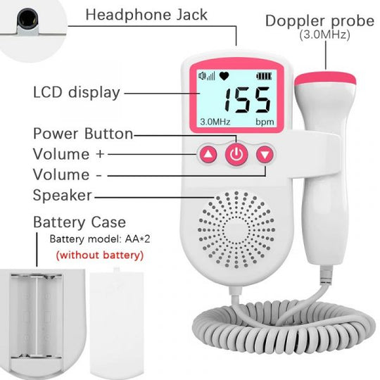Monitor fetal portátil Doppler para seguimiento de latidos del bebé, esencial en el cuidado y bienestar prenatal.