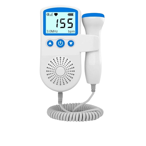 Monitor fetal portátil con Doppler para latidos del bebé, herramienta esencial para el seguimiento prenatal.