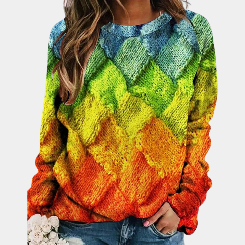 Outfit de invierno con jersey de punto colorido para mujer. Suéter casual y vibrante que ofrece suavidad y calidez.