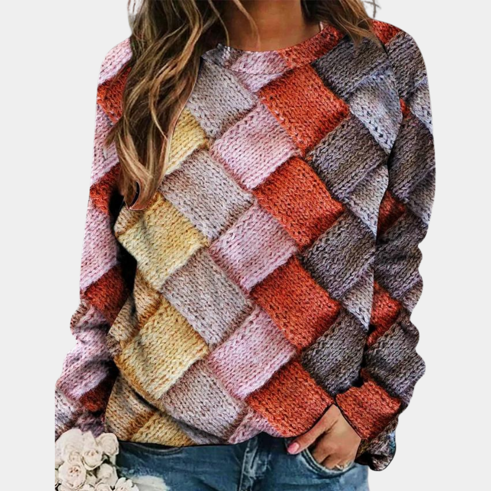 Jersey de punto para mujer, diseño colorido y vibrante. Suéter de moda femenina que combina calidez y comodidad.
