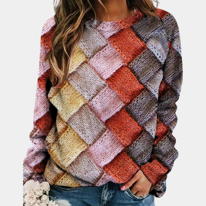 Jersey de punto para mujer, diseño colorido y vibrante. Suéter de moda femenina que combina calidez y comodidad.