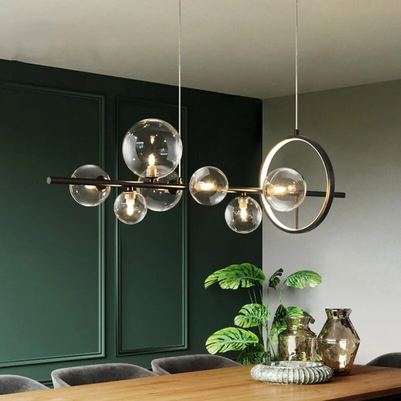 Lámpara de araña moderna con esferas de cristal, iluminación LED ajustable para techo.