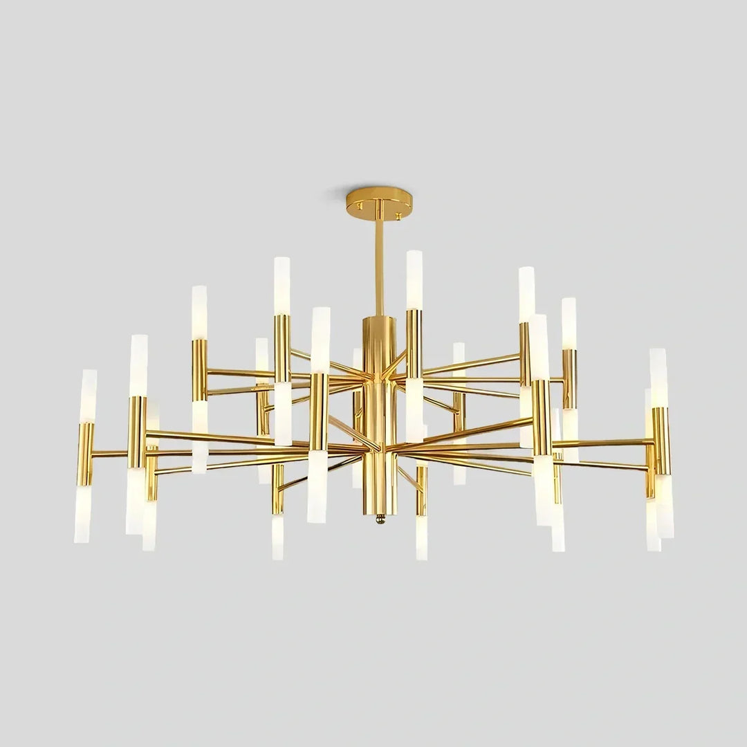 Elegante lámpara araña LED, redonda y ajustable, perfecta para un dormitorio moderno.