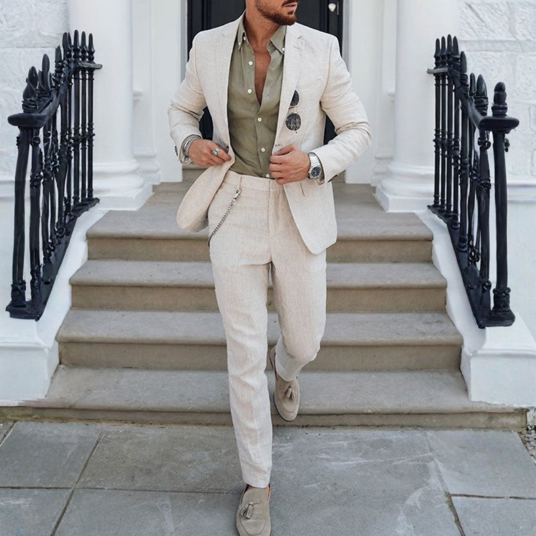 Traje de lino slim fit para hombre, ideal para bodas de verano. Conjunto elegante y transpirable.