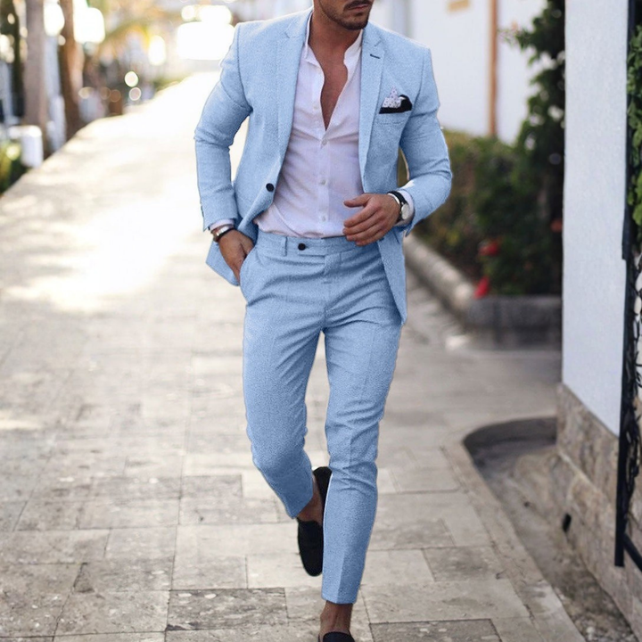 Traje de lino para hombre, perfecto para bodas de verano, fiestas o eventos casual inteligente.