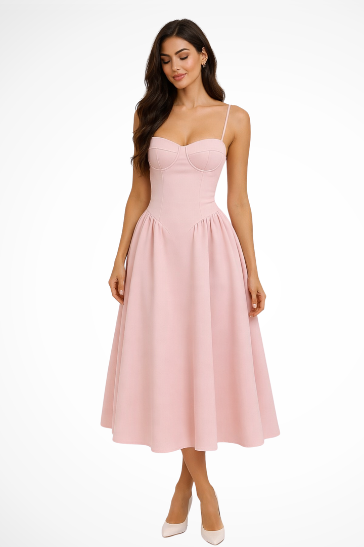 Vestido midi elegante de mujer con corpiño corsé y corte en A. Look formal ideal para invitada de boda o fiesta.