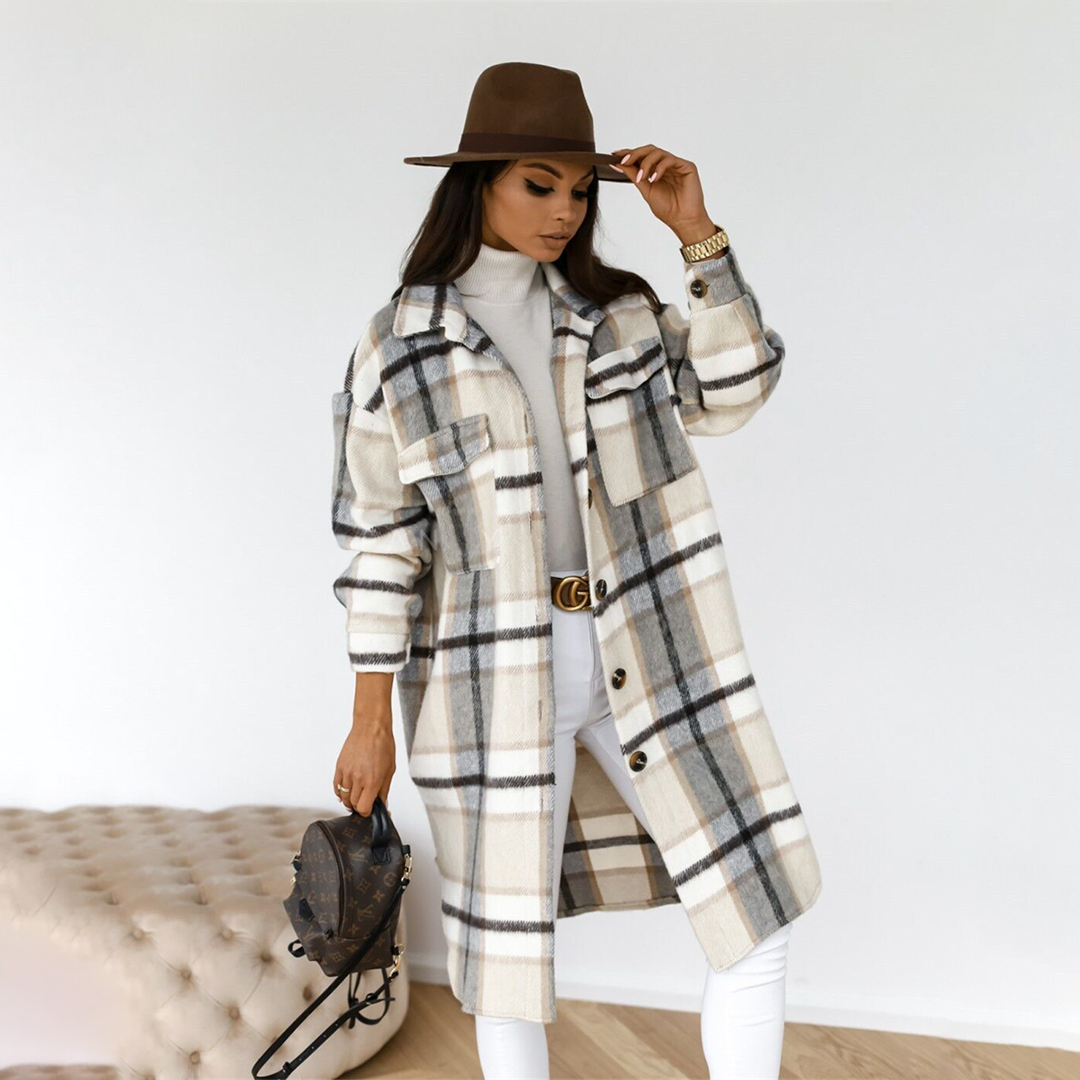 Abrigo de lana largo a cuadros, ideal para mujer, cálido y de moda invernal.