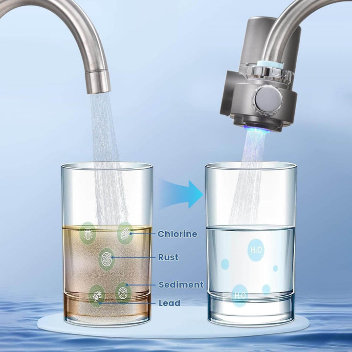 Filtro de agua ecológico para grifo de cocina. Agua saludable, reducción de residuos plásticos.