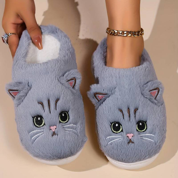 Zapatillas de casa de mujer, con cara de gato divertida, muy cómodas y calentitas para el hogar.
