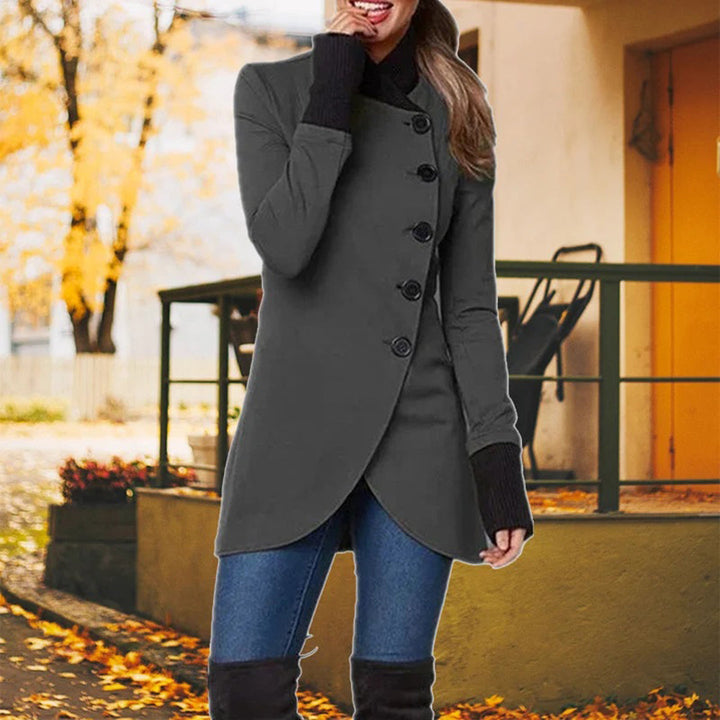 Chaqueta asimétrica elegante para mujer. Diseño moderno y vanguardista, ideal para otoño e invierno. Moda femenina.