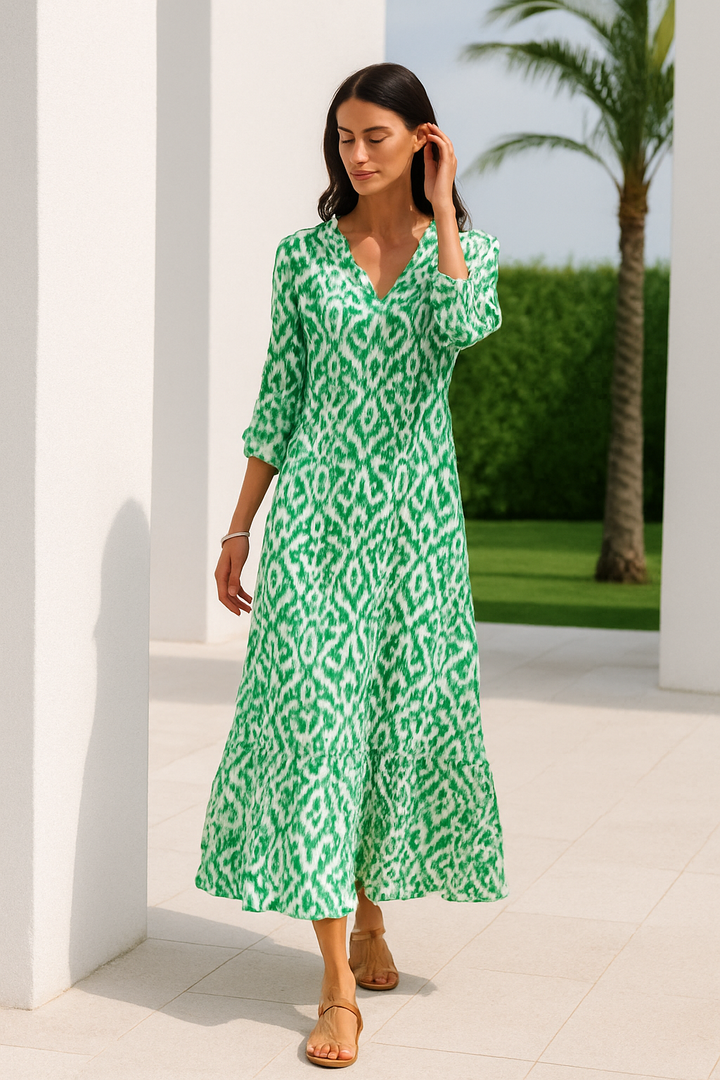 Moda femenina: vestido de verano elegante con escote en V y mangas cortas. Ideal para un look casual chic.