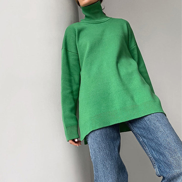 Jersey de mujer para otoño-invierno, cuello alto, abertura sofisticada y moderna.