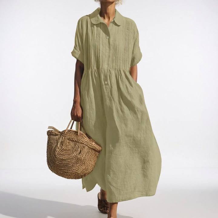 Look de verano: Vestido camisero fluido midi para mujer. Elegante, transpirable y cómodo. Ideal para un día casual.