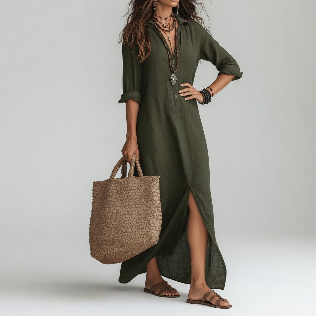 Detalle de tejido transpirable en vestido largo bohemio de mujer. Confort y estilo para el verano.