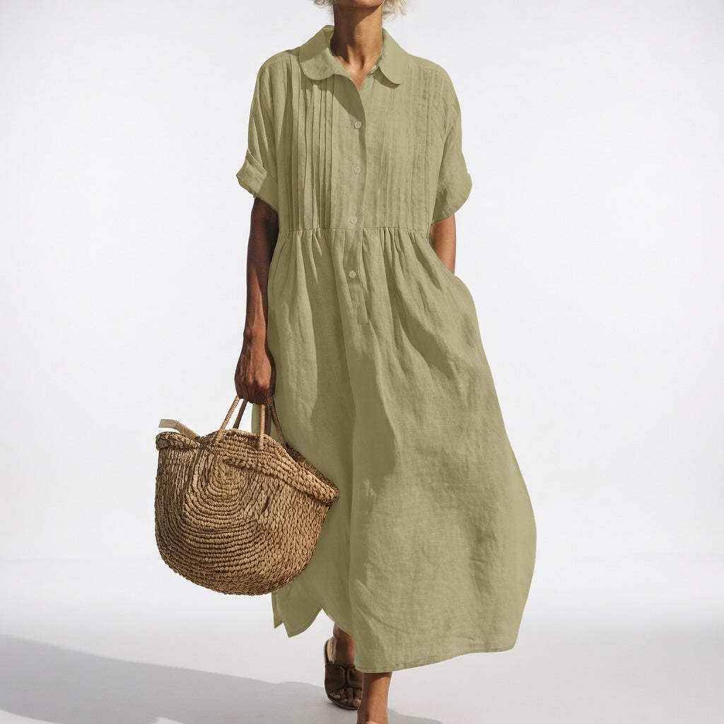 Vestido largo fluido de mujer, camisero cómodo y ligero, perfecto para playa o verano.