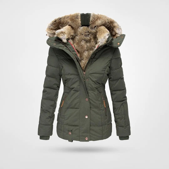 Elegante abrigo de mujer acolchado con capucha. Perfecto para un look invernal con estilo.