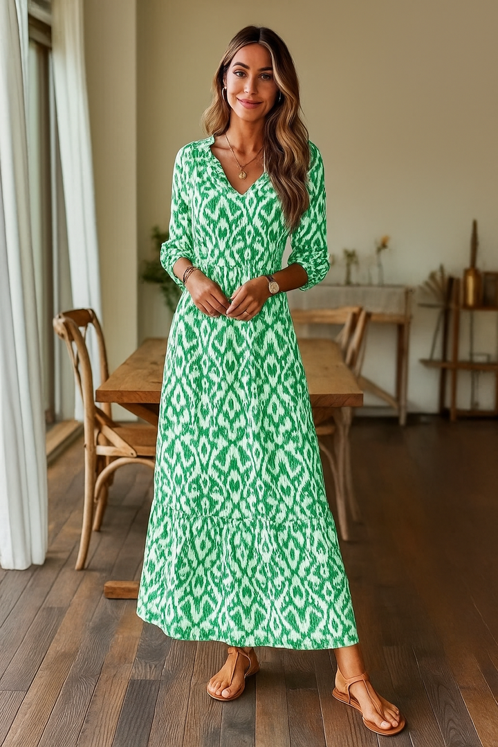 Vestido de verano estilo bohemio para mujer, con escote en V y mangas cortas. Ideal para un look chic y relajado.