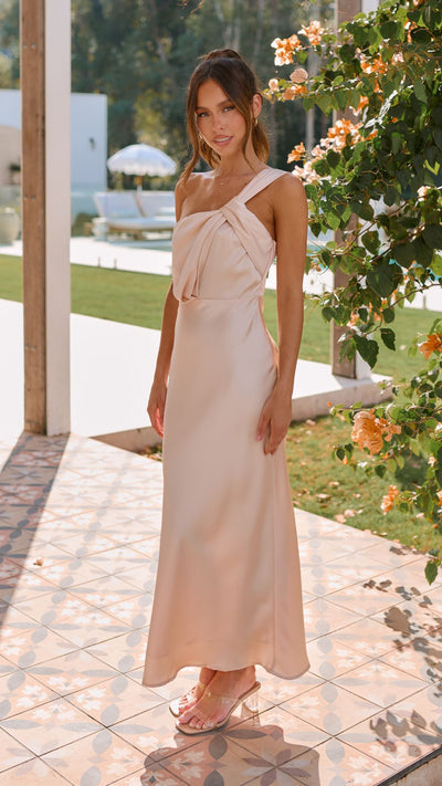 Vestido de gala para mujer: diseño asimétrico, lazo en hombro, perfecto para bodas.
