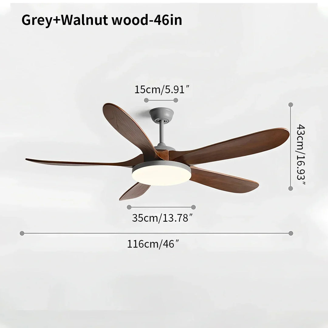 Elegante ventilador de techo de madera con 5 aspas, iluminación LED.