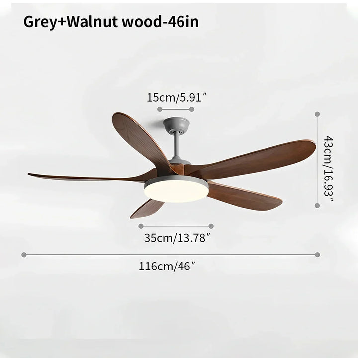 Elegante ventilador de techo de madera con 5 aspas, iluminación LED.