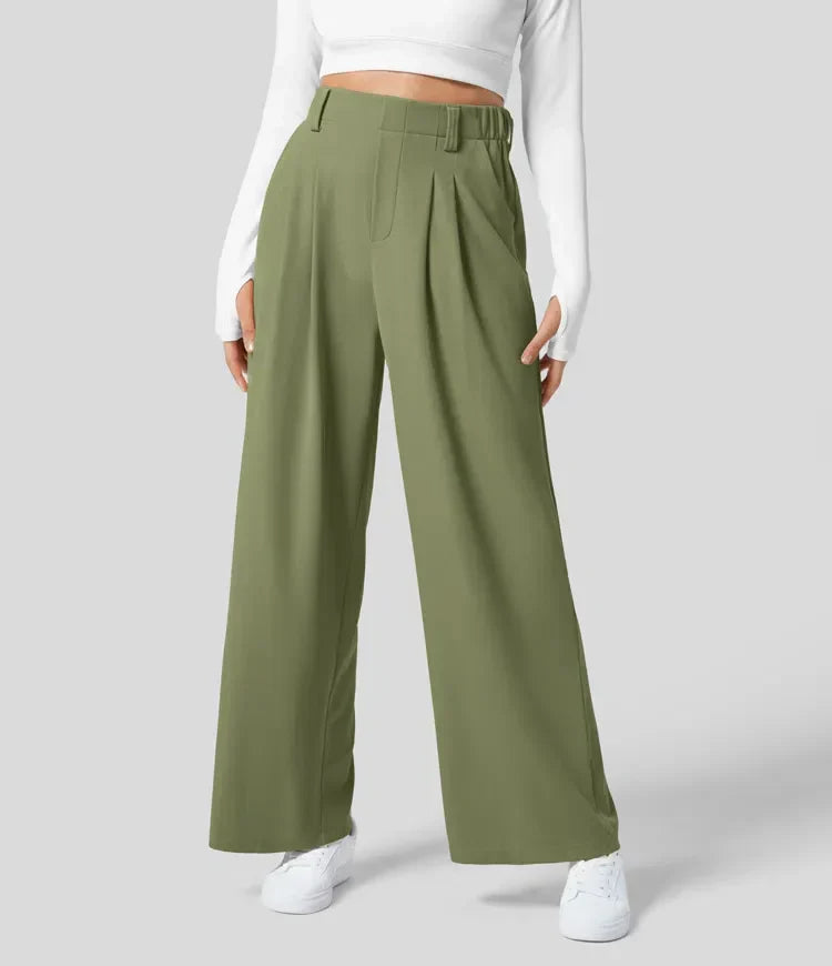 Moda femenina: pantalón de talle alto y pernera ancha, perfecto para otoño.