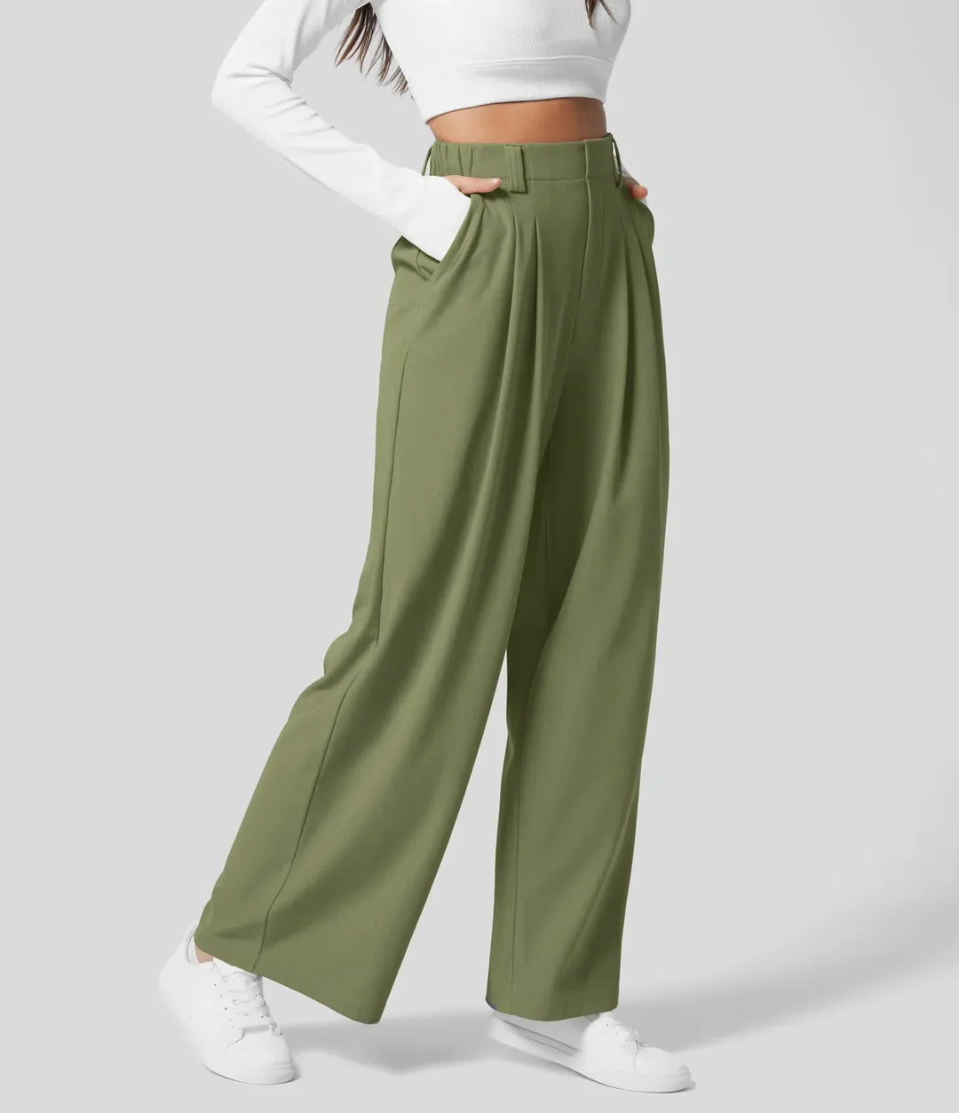 Pantalón elegante de talle alto y pernera ancha para mujer, ideal oficina o casual.