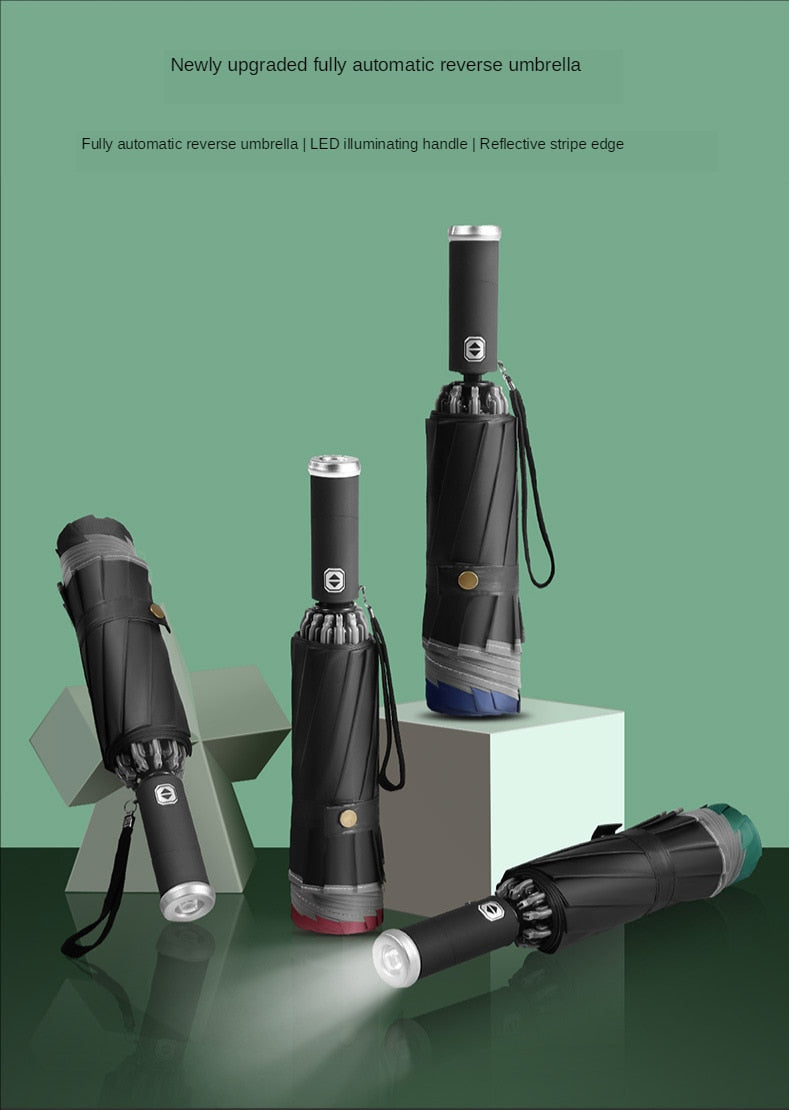 Robusto paraguas antiviento y antigoteo, automático y plegable, con linterna LED incorporada para seguridad.
