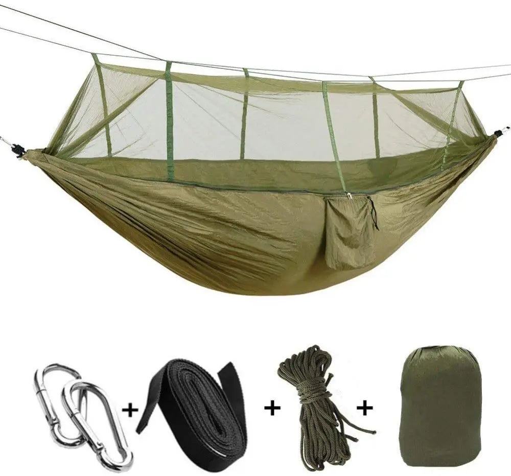Hamaca de camping plegable con mosquitera integrada, rápida de instalar para tu viaje o excursión.