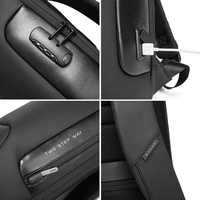 Detalle del puerto USB de carga en mochila antirrobo impermeable, para viajes y uso diario.