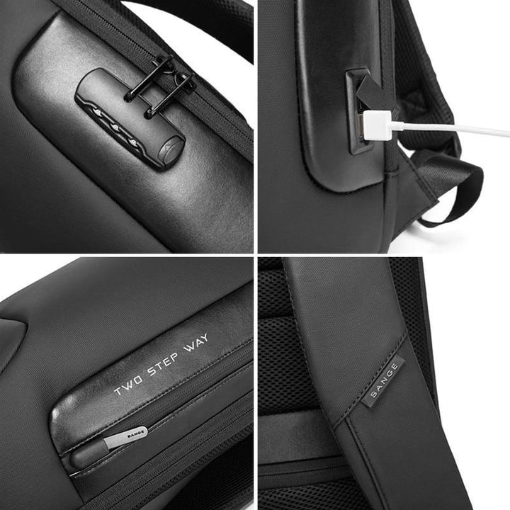 Detalle del puerto USB de carga en mochila antirrobo impermeable, para viajes y uso diario.