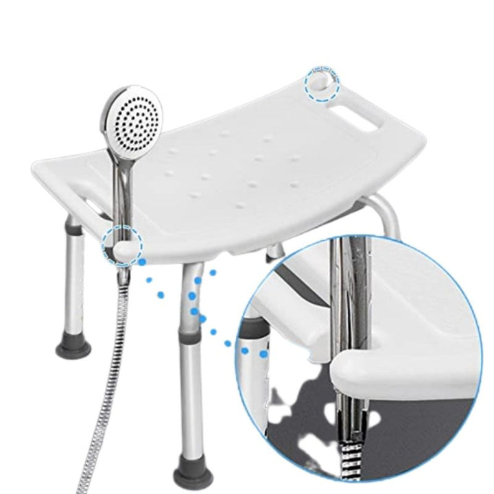 Taburete de ducha plegable blanco con asiento antideslizante para máxima seguridad en el baño. Ideal para tercera edad.