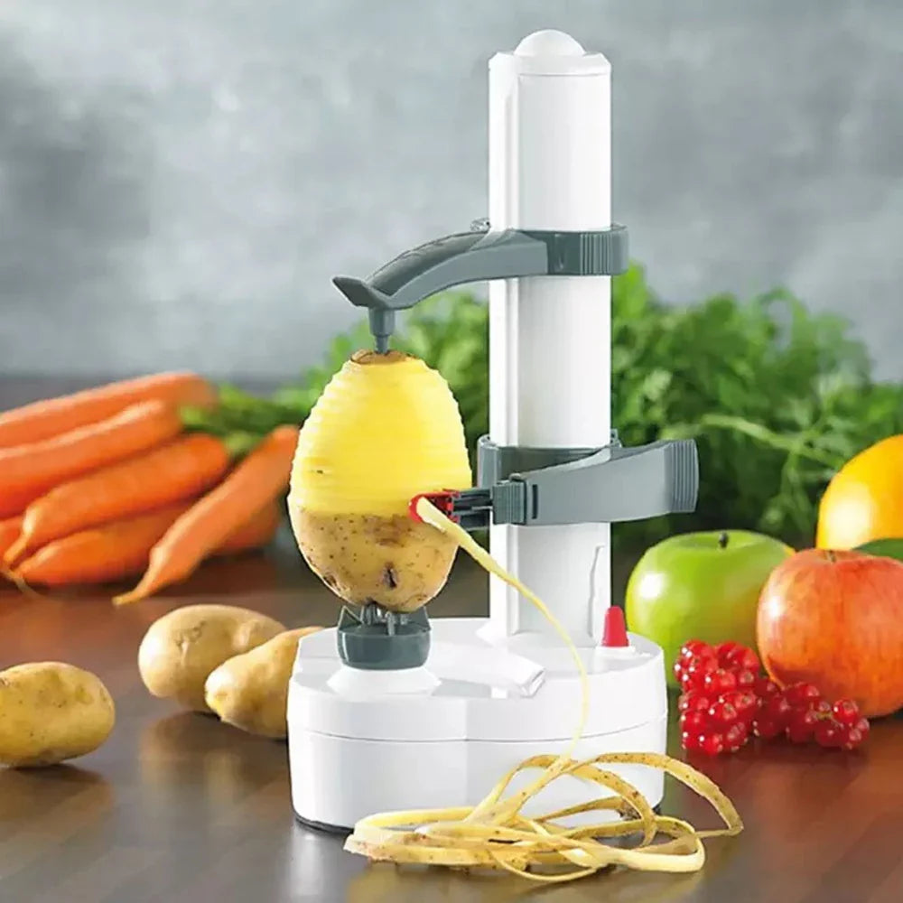 Pelador eléctrico automático de patatas, simplificando la preparación de vegetales en la cocina moderna. Ahorra tiempo.