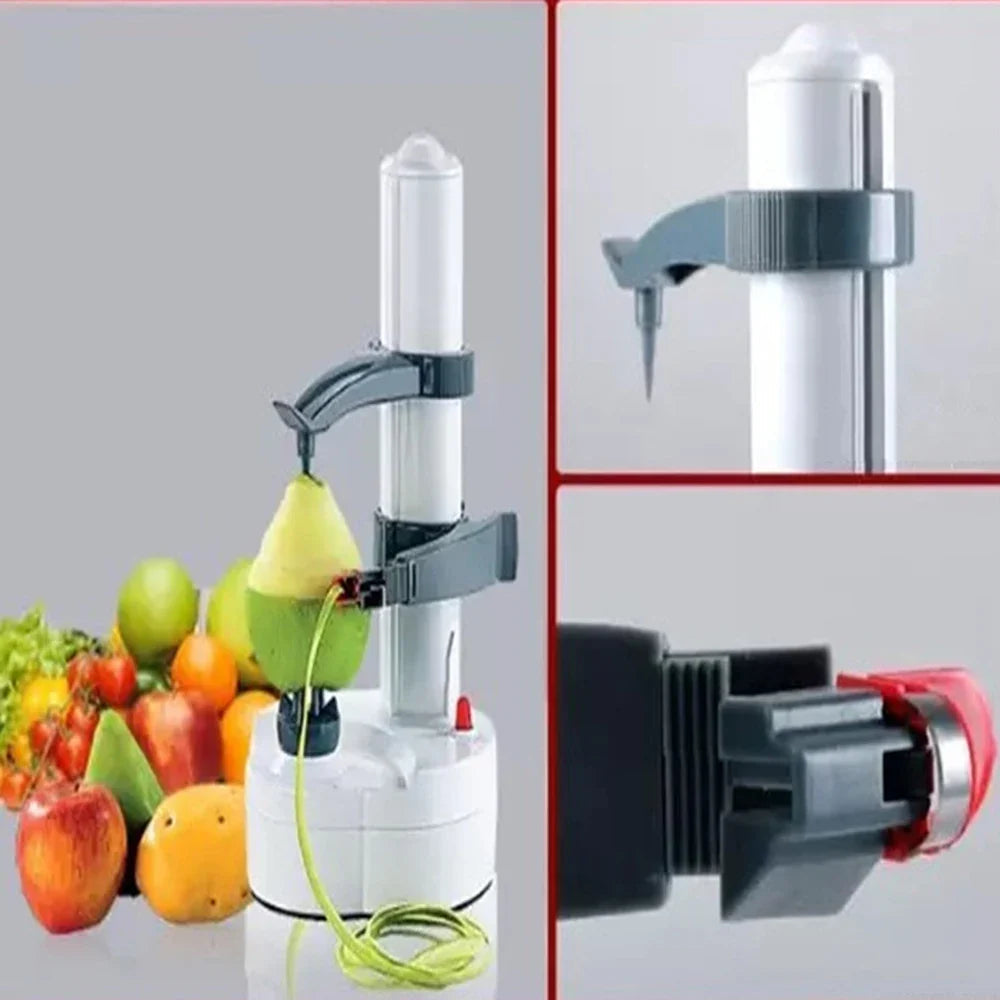 Primer plano del pelador eléctrico de patatas automático rojo, un utensilio potente para pelar de forma rápida.